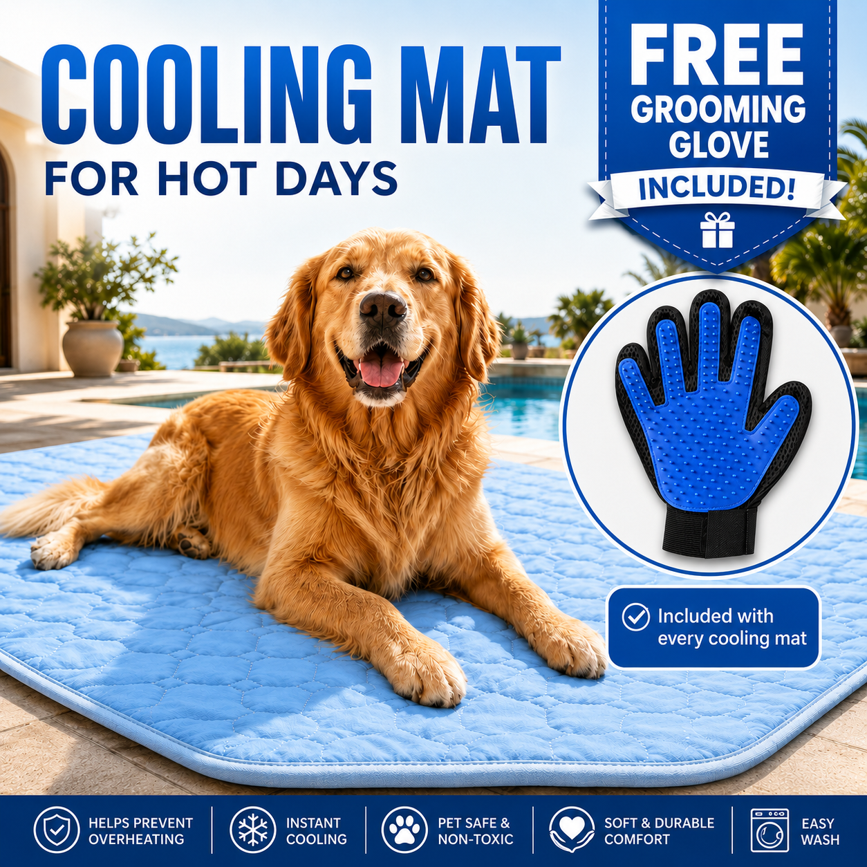 Pet Cooling Mat for Cats & Dogs - Free Grooming Glove Included!
